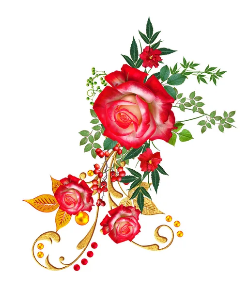 装飾的な飾り ペーズリーの要素 細かいレースと真珠で作られた繊細な質感の葉 宝石の光沢のあるカール 赤いバラ 繊細な織りの透かし彫り — ストック写真