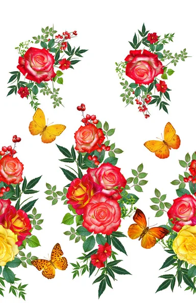 Florales Nahtloses Muster Rote Große Rosen Grüne Blätter Gelbe Blüten — Stockfoto