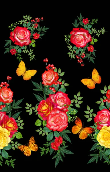 Kwiatowy Wzór Czerwone Róże Duże Zielone Żółte Kwiaty Motyl — Zdjęcie stockowe