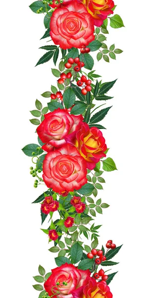 Motivo Floreale Senza Cuciture Grandi Rose Rosse Foglie Verdi Fiori — Foto Stock