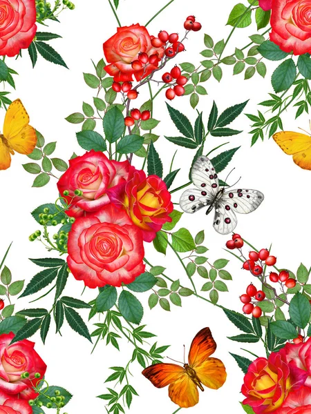 Çiçek seamless modeli. Kırmızı büyük gül, yeşil yaprakları, sarı çiçekler, kelebek.