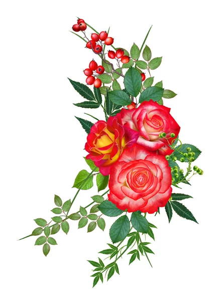 Composición Floral Ramo Rosas Amarillas Rojas Carmesí Flores Brillantes Hojas — Foto de Stock