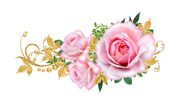 Decoratieve Hoek Vignet Gouden Krul Glinsterende Bladeren Bloemen Roze Rozen — Stockfoto