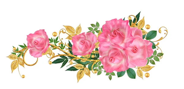 Decoratieve Hoek Vignet Gouden Krul Glinsterende Bladeren Bloemen Roze Rozen — Stockfoto