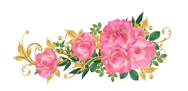 装飾的なコーナー ビネット 黄金のカール きらびやかな葉 ピンクのバラ 白い背景に分離 — ストック写真