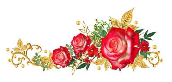 Διακοσμητικά Γωνία Βινιέτα Χρυσή Μπούκλα Λαμπερά Φύλλα Φλοιό Κόκκινα Τριαντάφυλλα — Φωτογραφία Αρχείου