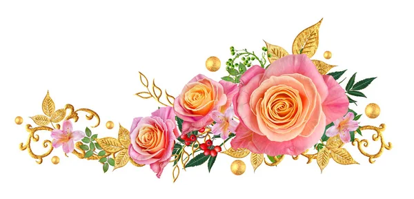 Vinheta Canto Decorativa Cachos Dourados Folhas Brilhantes Flores Rosas Vermelhas — Fotografia de Stock