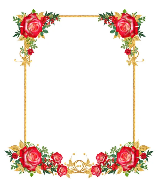 装飾的なコーナー ビネット 黄金カール輝く葉 赤いバラの花 白い背景に分離 — ストック写真