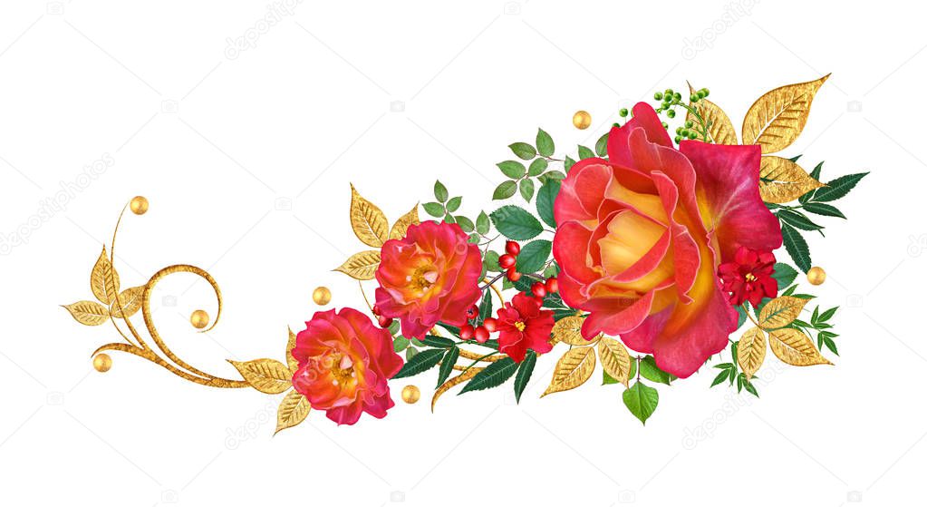 Decorative corner vignette. Golden curl, glittering leaves, flower rinds, red roses. Isolated on white background.
