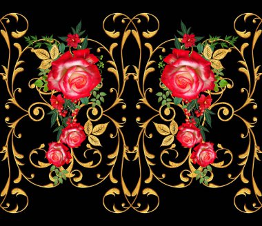 Seamless modeli. Dekoratif süs, desenli eleman, hassas dokulu yaprak güzel dantel ve inci yapılmış. Parlak bukleler, kırmızı gül jeweled. Hassas dokuma ajur.