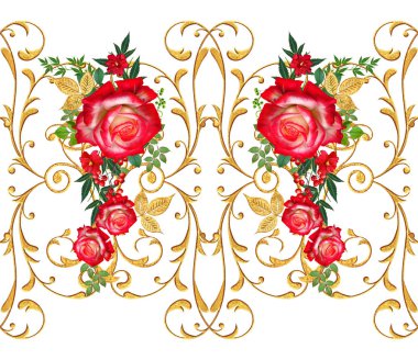 Seamless modeli. Dekoratif süs, desenli eleman, hassas dokulu yaprak güzel dantel ve inci yapılmış. Parlak bukleler, kırmızı gül jeweled. Hassas dokuma ajur.