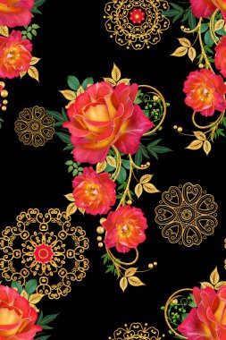 Seamless modeli. Dekoratif süs, desenli eleman, hassas dokulu yaprak güzel dantel ve inci yapılmış. Jeweled parlak bukleler, kırmızı gül, şık sarı çiçekler. Hassas dokuma ajur.