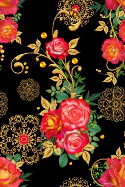 Seamless modeli. Dekoratif süs, desenli eleman, hassas dokulu yaprak güzel dantel ve inci yapılmış. Jeweled parlak bukleler, kırmızı gül, şık sarı çiçekler. Hassas dokuma ajur.