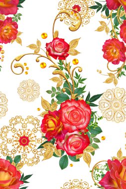 Seamless modeli. Dekoratif süs, desenli eleman, hassas dokulu yaprak güzel dantel ve inci yapılmış. Jeweled parlak bukleler, kırmızı gül, şık sarı çiçekler. Hassas dokuma ajur.