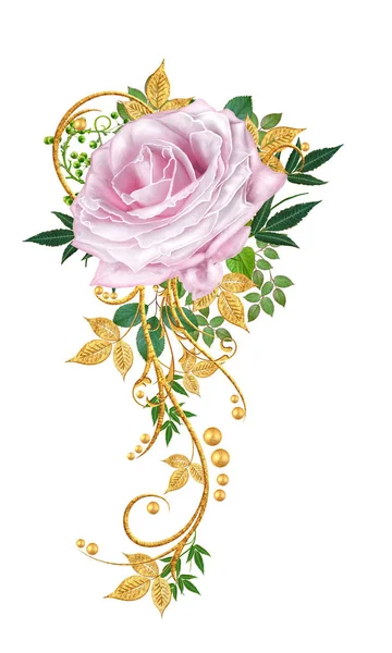 装饰装饰 派斯利元素 精致的纹理叶子 由精美的花边和珍珠制成 宝石般闪亮的卷发 粉红色的玫瑰 开口织造精致 — 图库照片