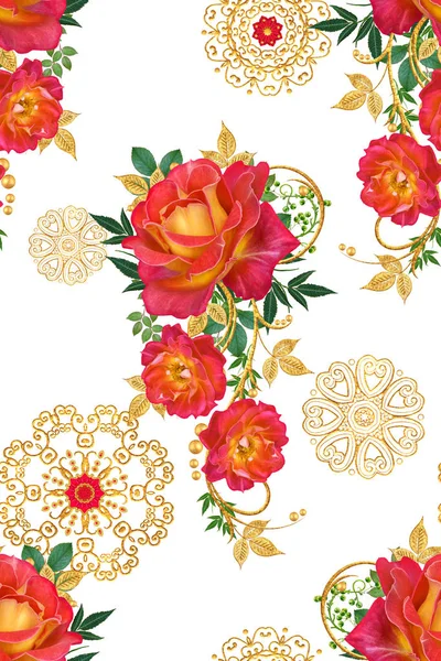 Seamless pattern. Decorative ornament, paisley element, delicate textured leaves made of fine lace and pearls. Jeweled shiny curls, red roses, stylish yellow flowers. Openwork weaving delicate.