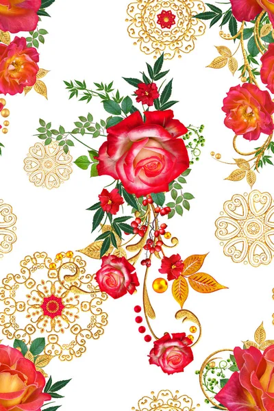 Seamless pattern. Decorative ornament, paisley element, delicate textured leaves made of fine lace and pearls. Jeweled shiny curls, red roses, stylish yellow flowers. Openwork weaving delicate.