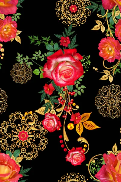 Seamless pattern. Decorative ornament, paisley element, delicate textured leaves made of fine lace and pearls. Jeweled shiny curls, red roses, stylish yellow flowers. Openwork weaving delicate.