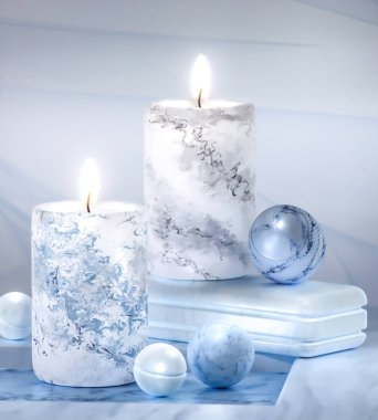 Yanan mumlar masanın üzerinde. Küçük dekoratif parlak toplar. 3D