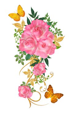 Dekoratif köşe vignette. Altın curl, ışıltılı yaprak, çiçek rinds, pembe gül, kelebek. Beyaz arka plan üzerinde izole.