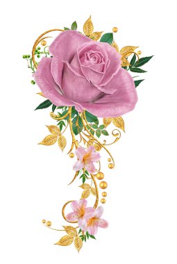Dekoratif süs, desenli eleman, hassas dokulu yaprak güzel dantel ve inci yapılmış. Parlak bukleler, pembe gül jeweled. Hassas dokuma ajur.