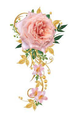 Dekoratif süs, desenli eleman, hassas dokulu yaprak güzel dantel ve inci yapılmış. Parlak bukleler, pembe gül jeweled. Hassas dokuma ajur.