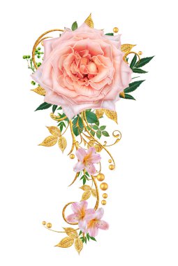 Dekoratif süs, desenli eleman, hassas dokulu yaprak güzel dantel ve inci yapılmış. Parlak bukleler, pembe gül jeweled. Hassas dokuma ajur.
