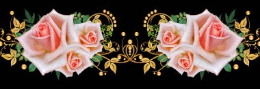 Seamless modeli. Dekoratif süs, desenli eleman, hassas dokulu yaprak güzel dantel ve inci yapılmış. Parlak bukleler, kırmızı gül jeweled. Hassas dokuma ajur.