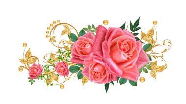 Dekoratif süs, desenli eleman, hassas dokulu yaprak güzel dantel ve inci yapılmış. Parlak bukleler, pembe gül jeweled. Hassas dokuma ajur.