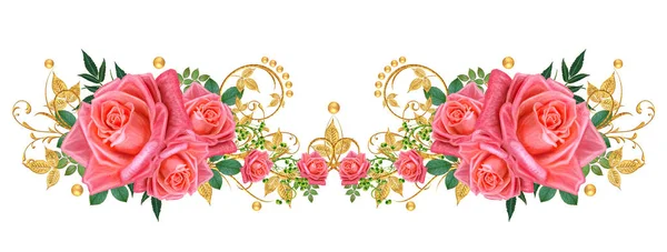 装飾的な飾り ペーズリーの要素 細かいレースと真珠で作られた繊細な質感の葉 宝石の光沢のあるカール ピンクのバラ 繊細な織りの透かし彫り — ストック写真