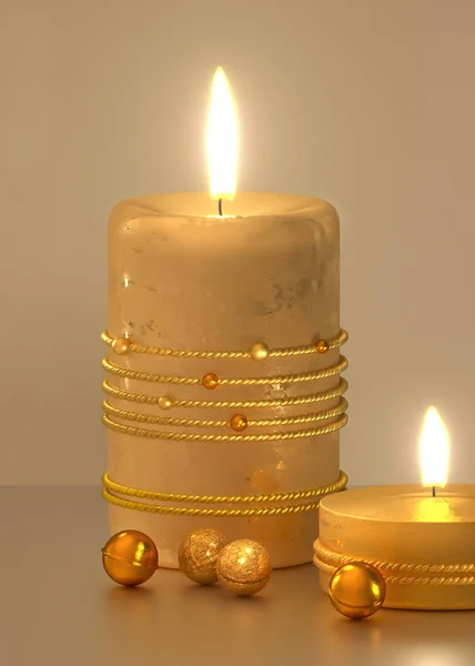 Hořící Zlaté Svíčky Stole Malé Dekorativní Kuličky Vykreslování — Stock fotografie