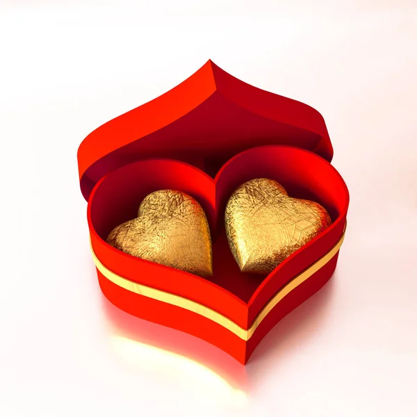 レンダリング 組成図体積華麗な心 ゴールド バレンタインや結婚式日ロマンチックなテーマ パーティー イベントのため 赤いハート形のボックス ギフト — ストック写真