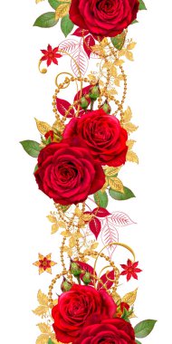 Seamless modeli. Dekoratif süs, desenli eleman, hassas dokulu yaprak güzel dantel ve inci yapılmış. Jeweled parlak bukleler, kırmızı gül, şık sarı çiçekler. Hassas dokuma ajur.