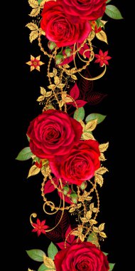 Seamless modeli. Dekoratif süs, desenli eleman, hassas dokulu yaprak güzel dantel ve inci yapılmış. Jeweled parlak bukleler, kırmızı gül, şık sarı çiçekler. Hassas dokuma ajur.