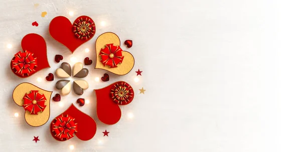 Render Kompozisyon Şekil Hacimsel Parlak Kalp Kırmızı Altın Sevgililer Günü — Stok fotoğraf
