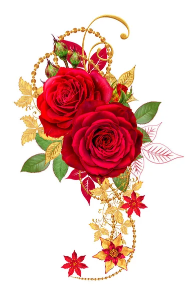 Rohu Ozdobné Viněty Zlaté Kadeře Třpytící Listy Květ Slupky Červené — Stock fotografie