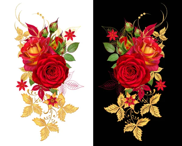 Dekorative Eckvignette Goldene Locken Glitzernde Blätter Blütenblätter Rote Rosen Isoliert — Stockfoto