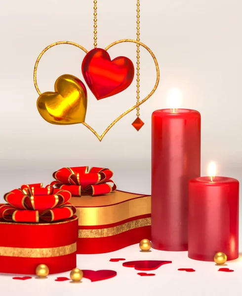 Rendering Composition Figure Volumetric Brilliant Heart Red Gold Valentine Day — Stock Photo, Image