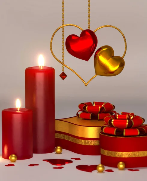 レンダリング ハート形ボックス ギフト ろうそくの組成図体積華麗な心臓 ゴールド バレンタイン パーティー イベント 結婚式の日ロマンチックなテーマ — ストック写真