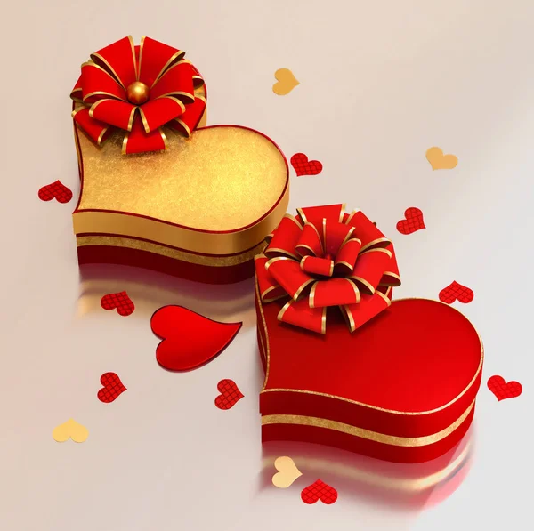 3d rendering. Composition figure volumetric brilliant heart, red, gold, Valentine\'s Day or wedding day romantic themes for party, events. Red heart shaped box, gift.