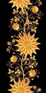 3D render. Altın stilize çiçekler, narin parlak bukleler, desenli öğesi, seamless modeli. Oryantal tarzı Arabesk. Parlak dantel. Narin, altın arka plan dokuma Ajur.