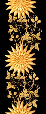 3D render. Altın stilize çiçekler, narin parlak bukleler, desenli öğesi, seamless modeli. Oryantal tarzı Arabesk. Parlak dantel. Narin, altın arka plan dokuma Ajur.