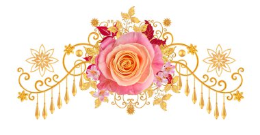 Dekoratif dekorasyon, desenli eleman, hassas dokulu yaprakları güzel dantel yapılmış. Parlak bukleler, bud pembe Gül jeweled. Hassas dokuma Ajur.