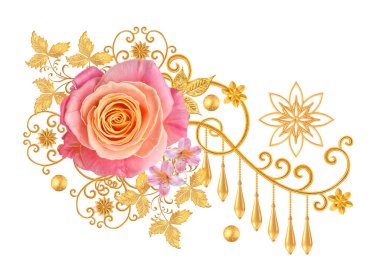 Dekoratif dekorasyon, desenli eleman, hassas dokulu yaprakları güzel dantel yapılmış. Parlak bukleler, bud pembe Gül jeweled. Hassas dokuma Ajur.