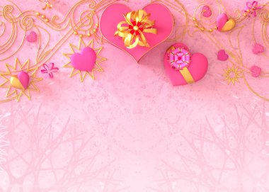 3D render. Kompozisyon şekil hacimsel parlak kalp, pembe, altın, Sevgililer günü veya düğün günü romantik Temalar için parti, olaylar.