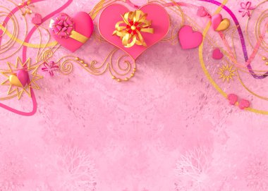 3D render. Kompozisyon şekil hacimsel parlak kalp, pembe, altın, Sevgililer günü veya düğün günü romantik Temalar için parti, olaylar.