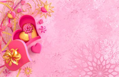 3D render. Kompozisyon şekil hacimsel parlak kalp, pembe, altın, Sevgililer günü veya düğün günü romantik Temalar için parti, olaylar.