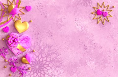 3D render. Kompozisyon şekil hacimsel parlak kalp, pembe, altın, Sevgililer günü veya düğün günü romantik Temalar için parti, olaylar.