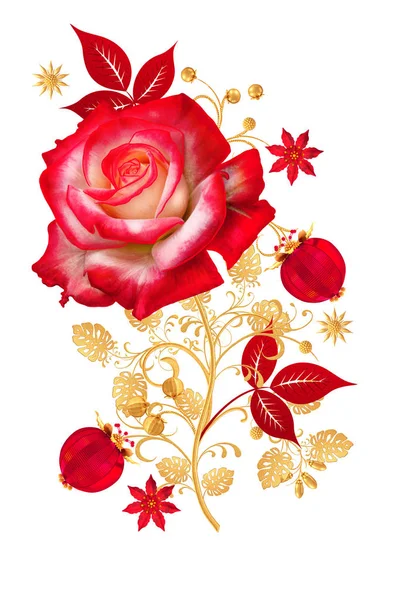 装飾的な装飾 ペーズリーの要素 細かいレースの繊細な質感の葉 宝石の光沢のあるカール 芽赤いバラ 繊細な織りの透かし彫り — ストック写真