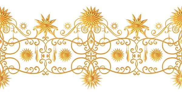 レンダリング ゴールデンでは 繊細な光沢のあるカール ペーズリーの要素 シームレスなパターンを様式化されました オリエンタル スタイル アラベスク 華麗なレースです 繊細な黄金色の背景を織りの透かし彫り — ストック写真